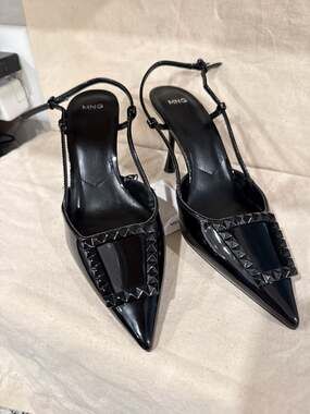 Mango Pointed Toe Studded Patent Leather Slingback Heeled Shoes